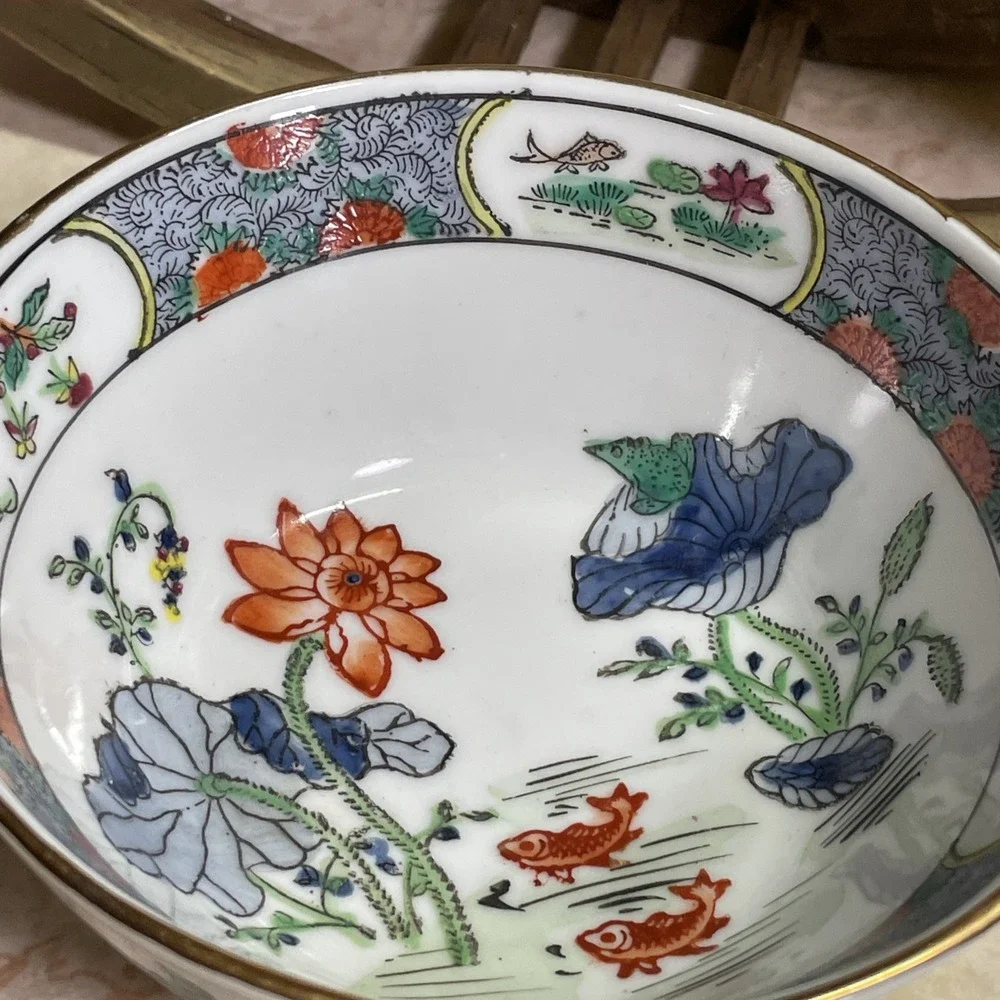 Vintage Chinese Koi Fish Ceramic Bowl - Fish Pond w/ Orange‎ Blue Flowers